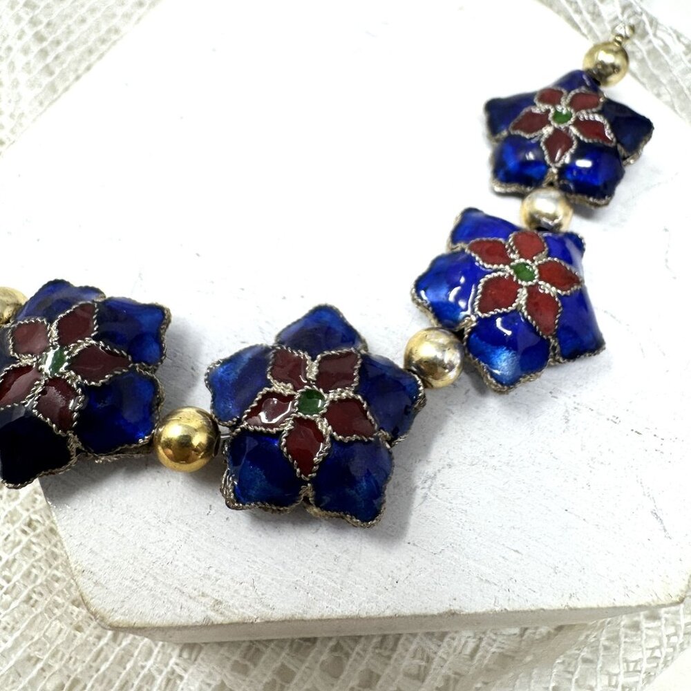 Vintage Blue & Red Floral Cloisonné Beads Cobalt n Red 15mm